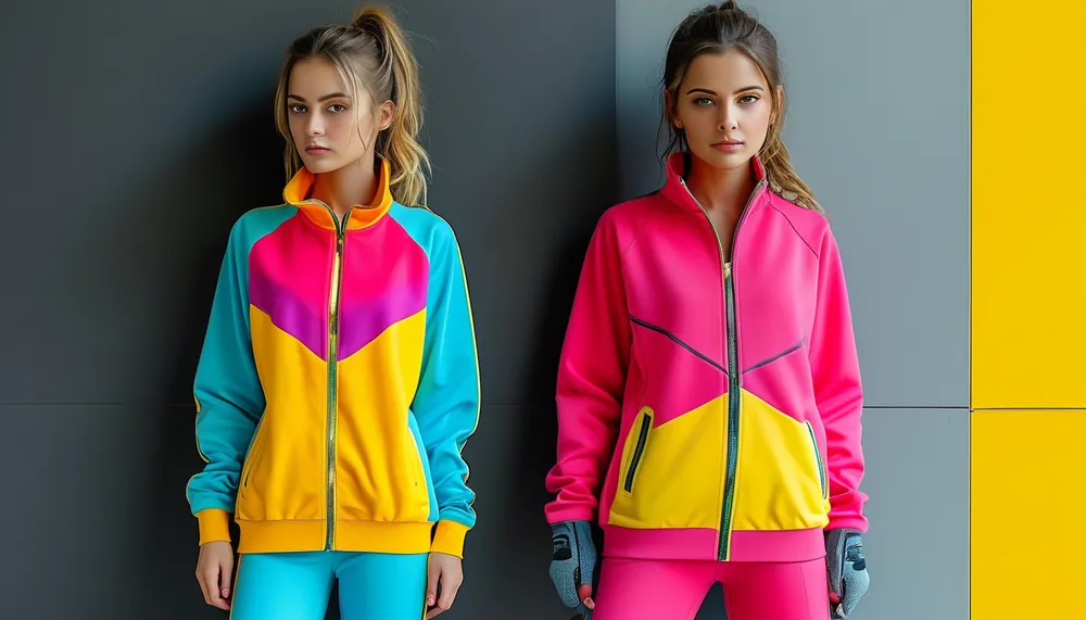 Two coordinated colorful activewear outfits side by side