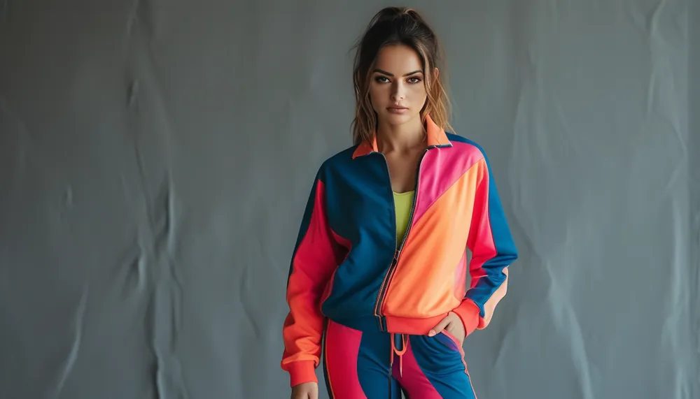 Woman wearing a color-blocked activewear outfit, chic